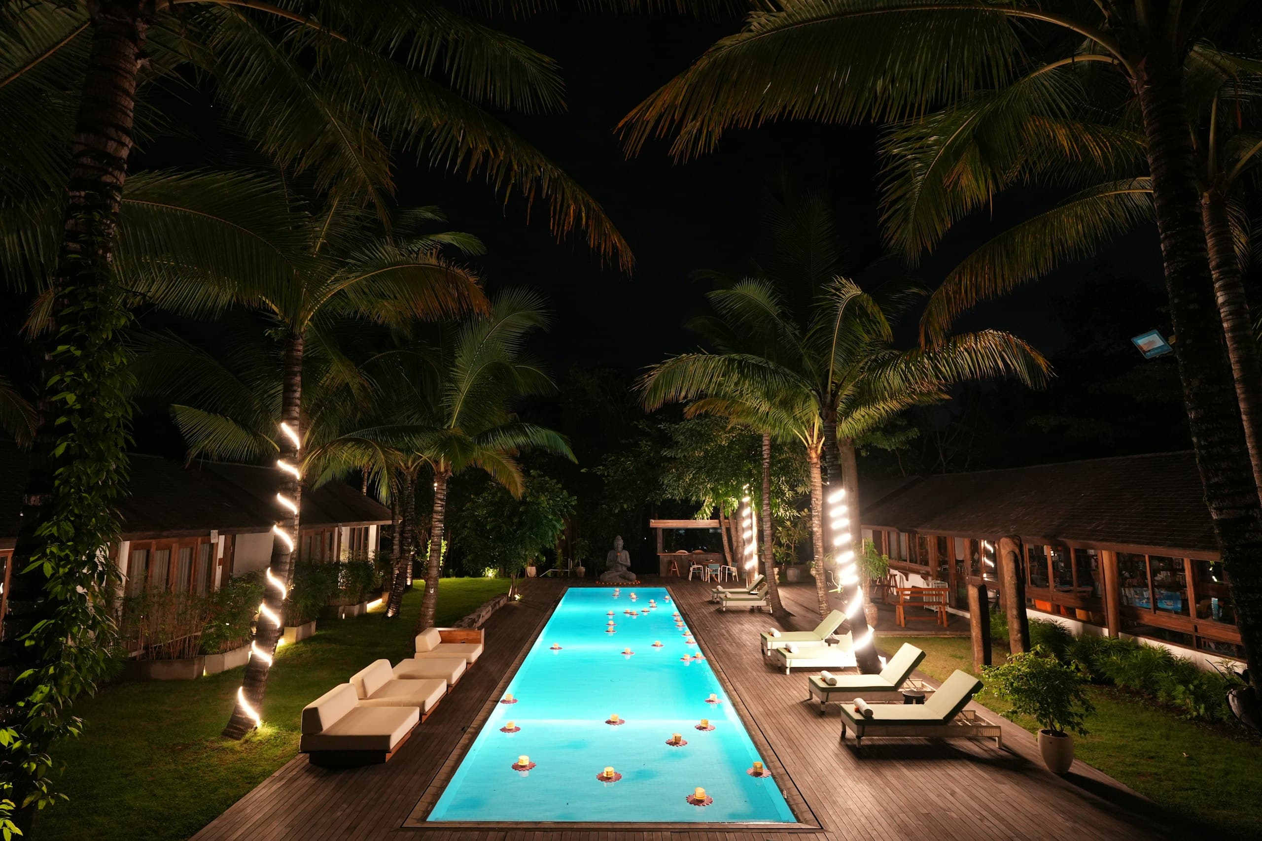 Lantern-lit pool lined with palm trees at night